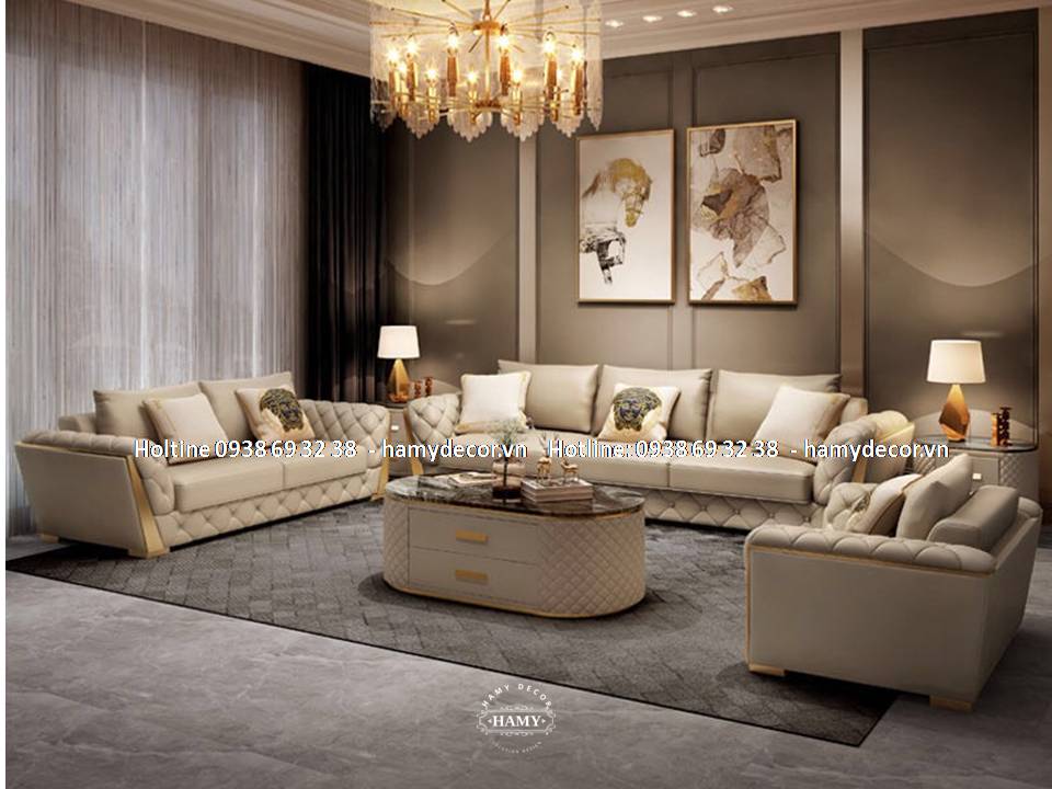 GHÊ SOFA BỌC DA CHÂN INOX MẠ VÀNG SANG TRỌNG CHO BIỆT THỰ