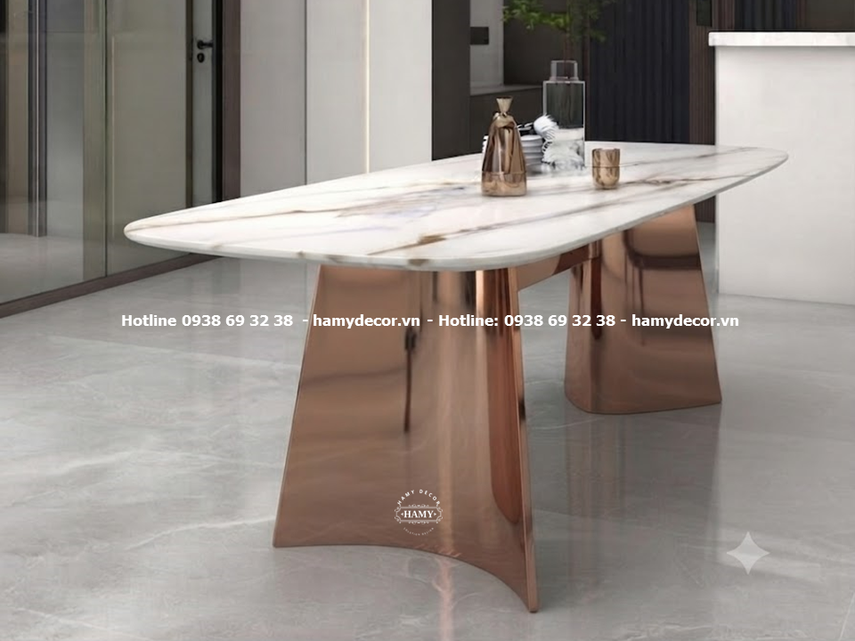 Bàn ăn inox mạ vàng hồng bóng gương