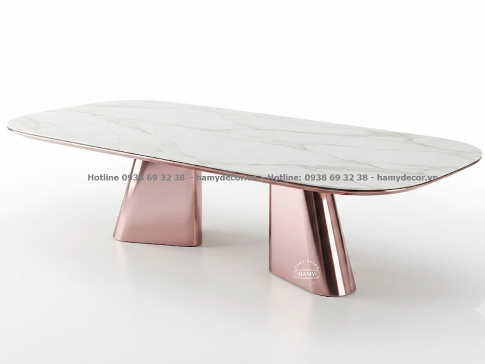 Bàn ăn khung viền và chân mạ inox vàng hồng (Rose Gold) bóng