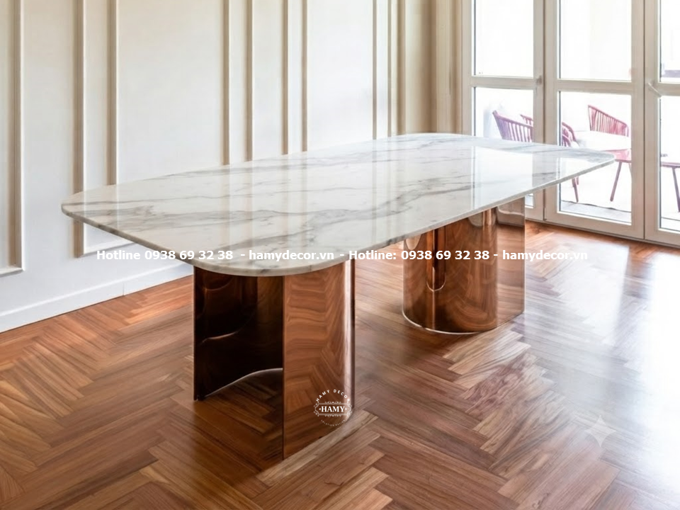 Bàn ăn inox mạ vàng hồng chân trụ hình trụ uốn cong chữ C nghệ thuật