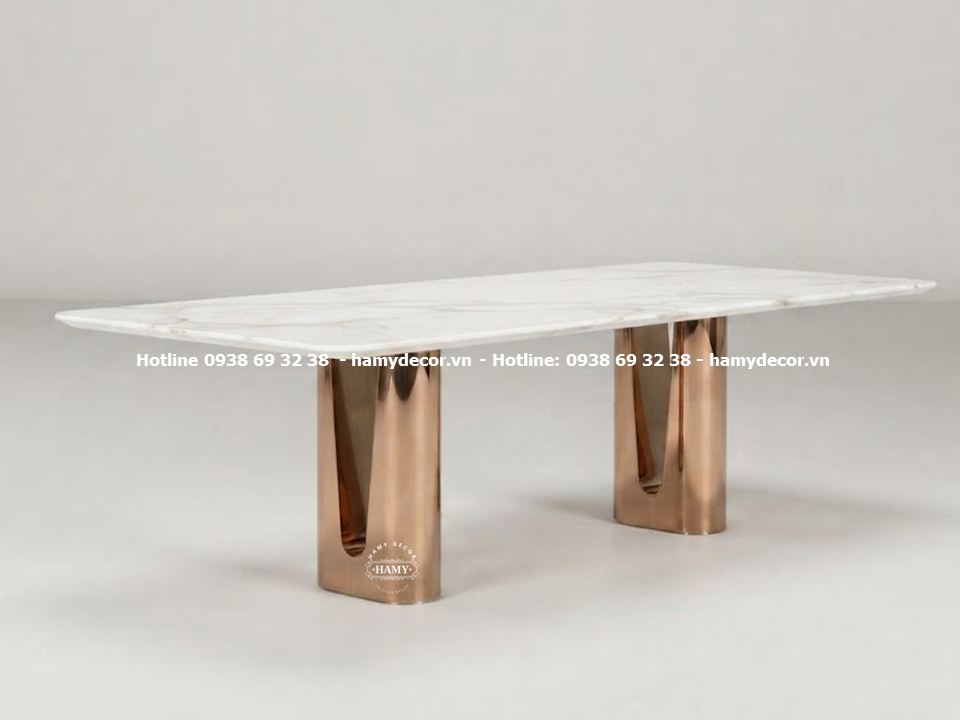 Bàn ăn chân trụ inox vàng hồng bóng gương