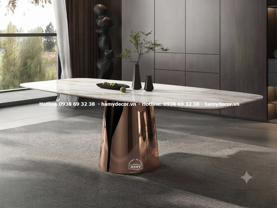 Bàn ăn một chân trụ inox vàng hồng bóng gương
