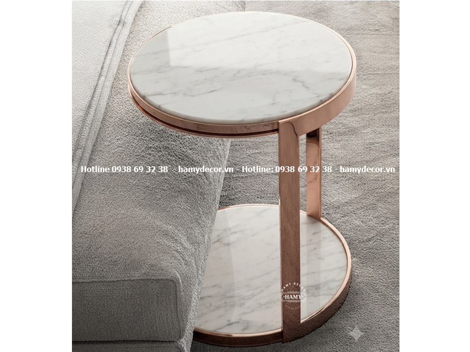 Bàn bên sofa Inox mạ PVD vàng hồng (Rose Gold) chân chữ C