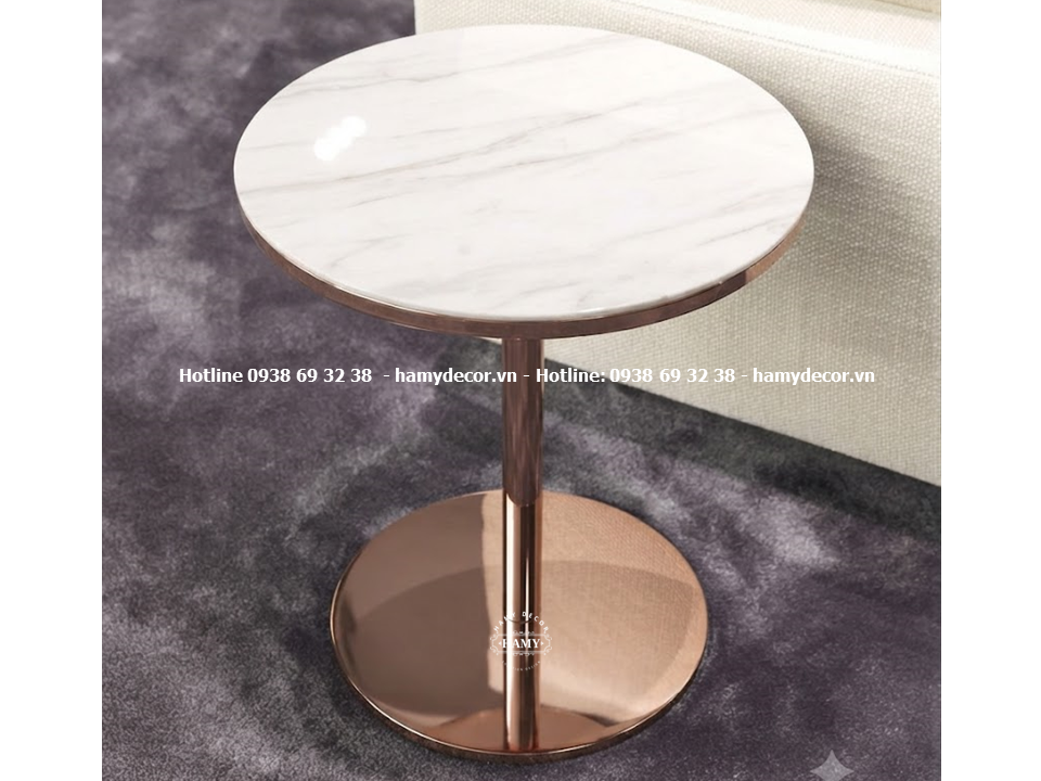 Bàn cạnh sofa ( bàn bên sofa) chân inox hồng gương mặt đá trắng vân
