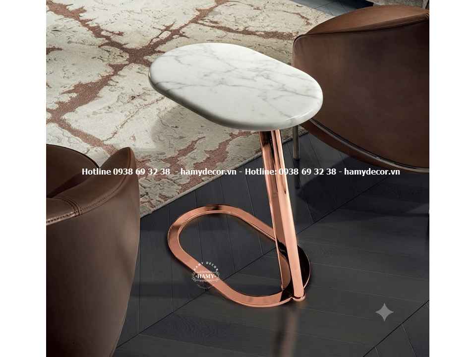 Tab sofa/bàn cạnh sofa chân inox mạ hồng bóng gương, kết hợp mặt đá trắng vân mây