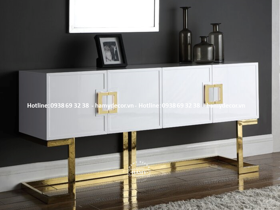 Tủ console inox mạ vàng mặt gỗ sơn trắng - 12