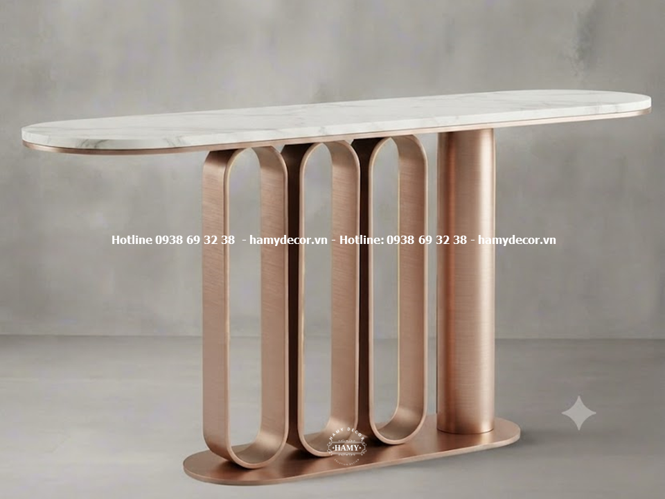 Bàn console inox mạ vàng hồng mặt đá trắng vân mây