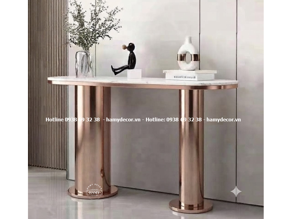 Bàn console inox vàng hồng gương 2 chân trụ tròn