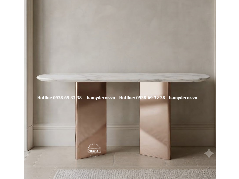 Bàn console chân inox vàng hồng, mặt bàn đá trắng vân mây