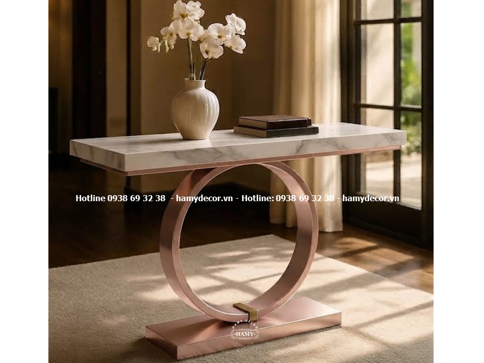 Bàn console chân inox vàng hồng điểm nhấn chân bàn khung chữ O