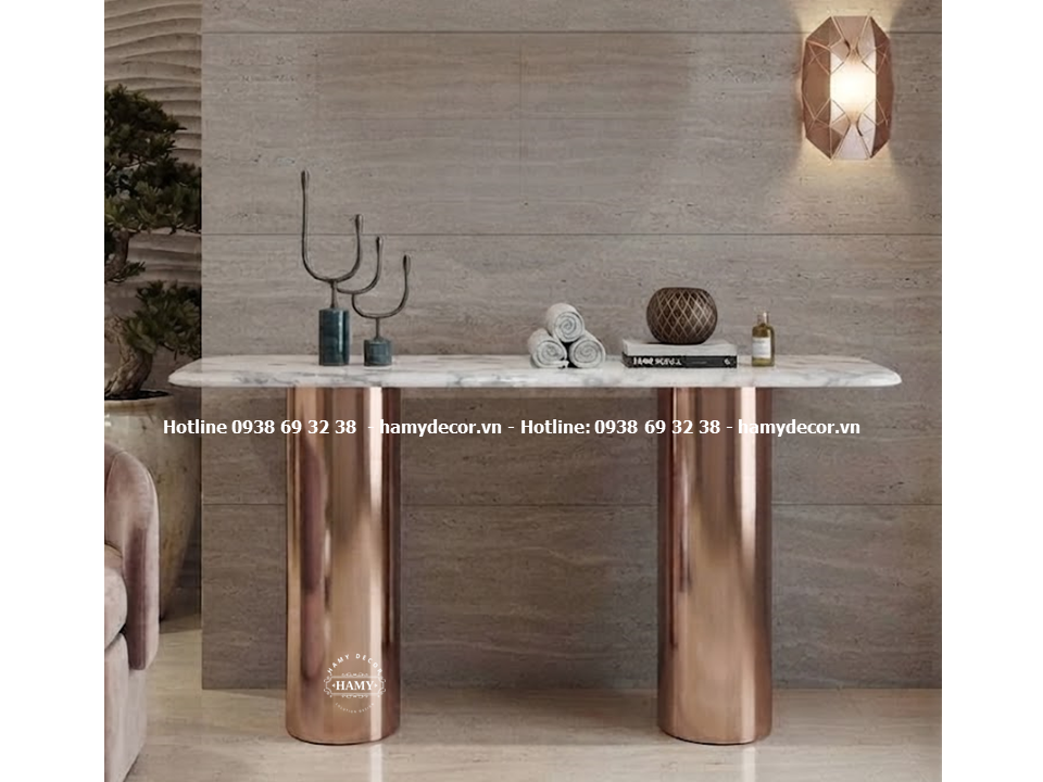 Bàn console 2 trụ tròn inox vàng hồng bóng gương