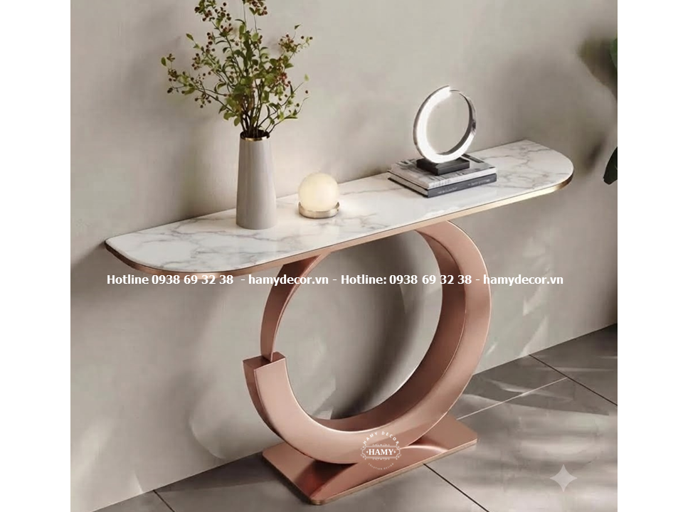 Bàn console chân inox vàng hồng bóng gương