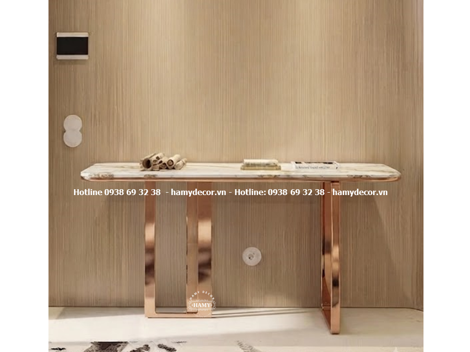 Mẫu bàn console inox 304 vàng hồng mặt đá trắng vân mây