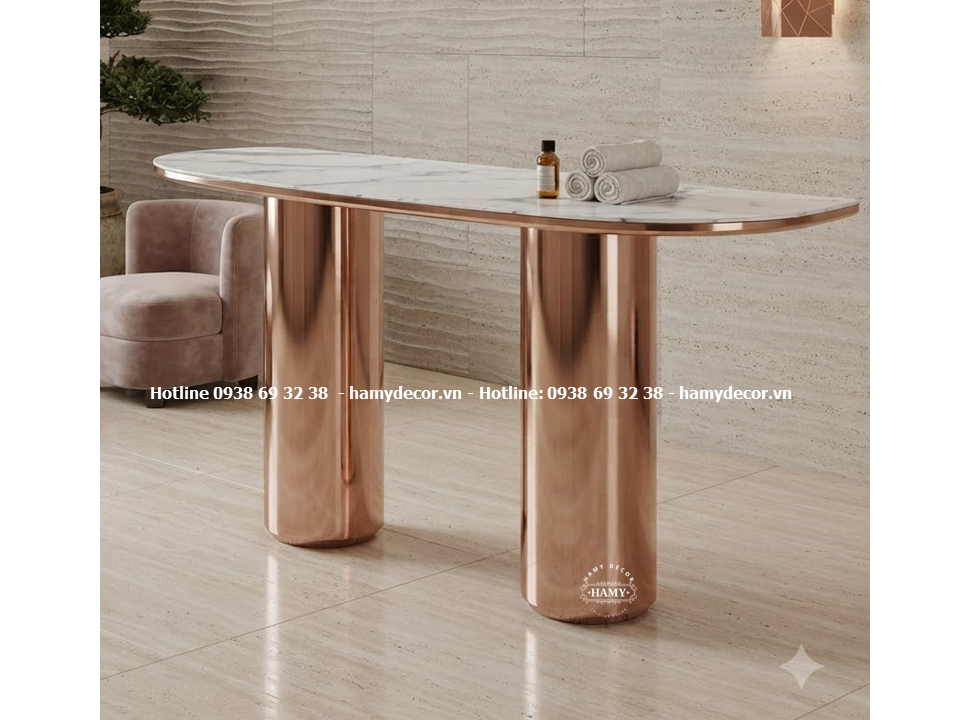 Bàn console inox vàng hồng 2 chân trụ tròn sáng bóng