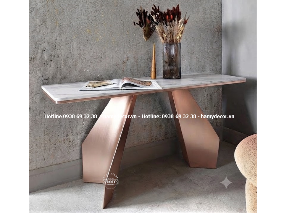 Bàn hành lang Decor hai chân trụ inox vàng hồng dạng hình học vát cạnh
