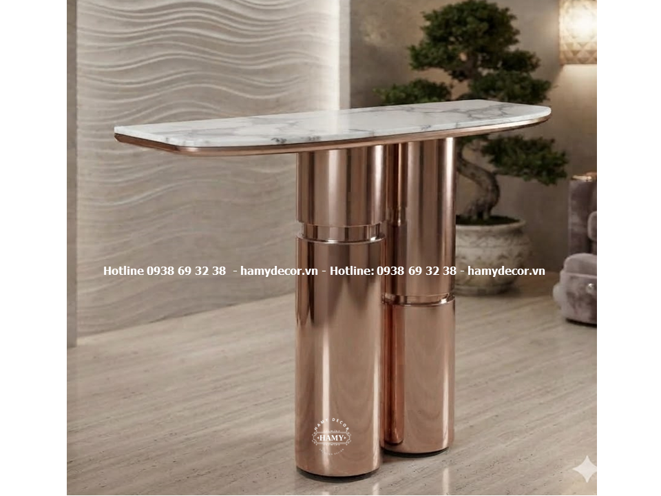 Bàn console chân inox vàng hồng nghệ thuật