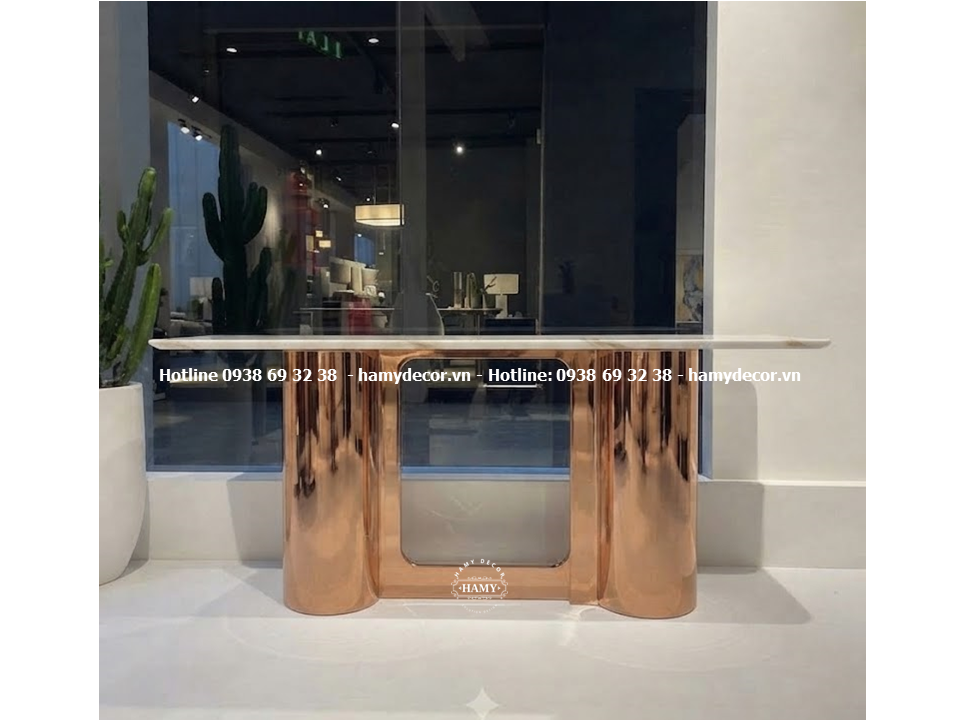 Bàn console (hay còn gọi là bàn trang trí, bàn áp tường) inox vàng hồng 