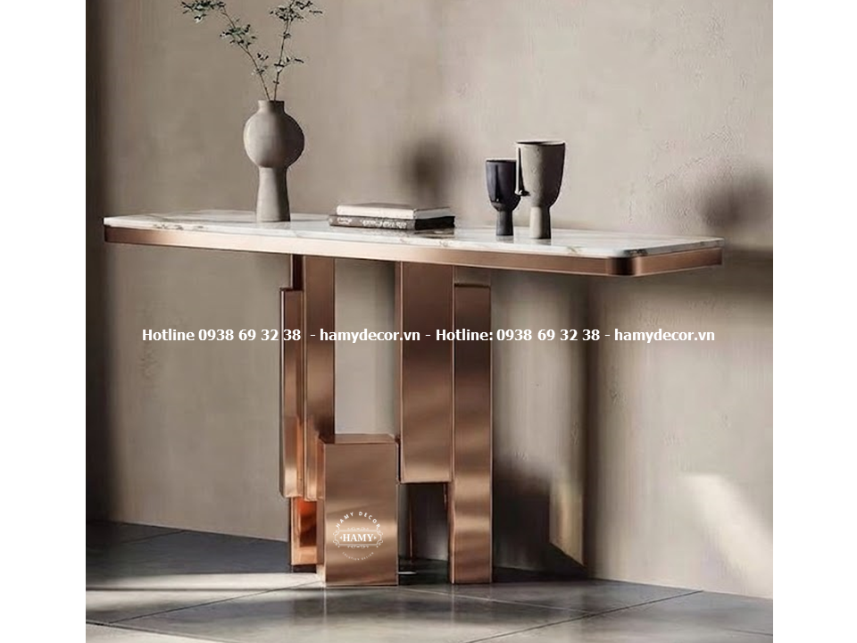 Bàn console inox mạ vàng hồng mặt bàn đá trắng vân mây