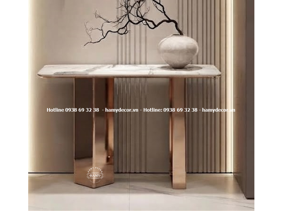 Mẫu bàn console inox vàng hồng mặt bàn đá trắng vân mây