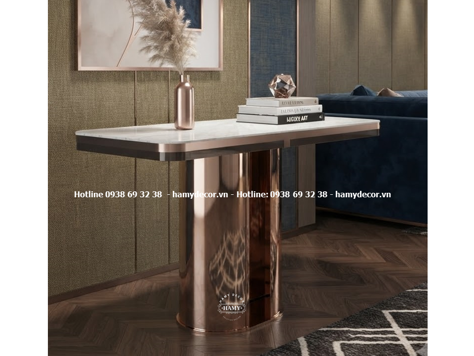 Mẫu bàn console inox mạ vàng hồng trang trí phòng khách