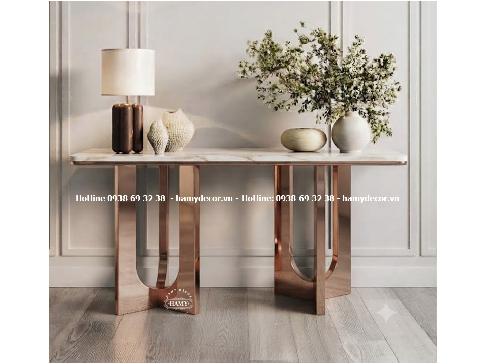 Bàn console inox vàng hồng (Rose Gold) bóng gương