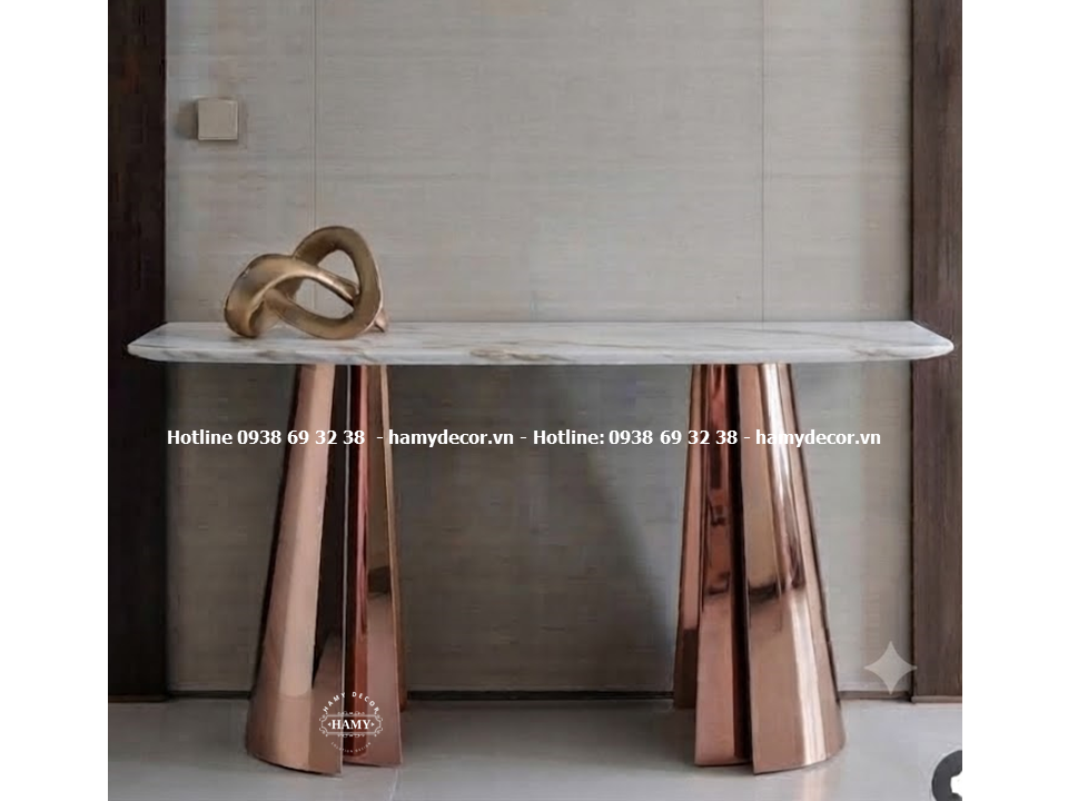 Bàn console inox vàng hồng Hệ chân trụ loe hình khối độc đáo