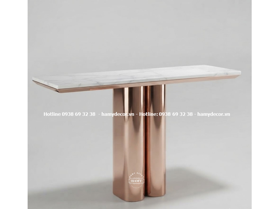 Bàn console inox mạ vàng hồng mặt bàn đá trắng vân mây với hệ chân trụ đôi hình trụ tròn ghép liền khối