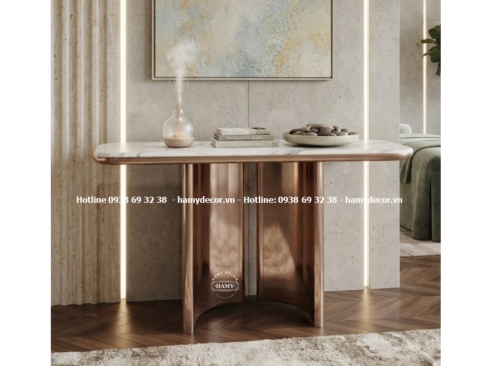 Bàn console inox mạ vàng hồng mặt bàn đá trắng vân mây với hệ chân trụ bản lớn vát cong hai bên đối xứng