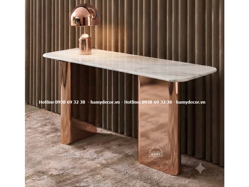 Bàn trang trí hàng lang cầu thang chân inox vàng hồng bóng gương