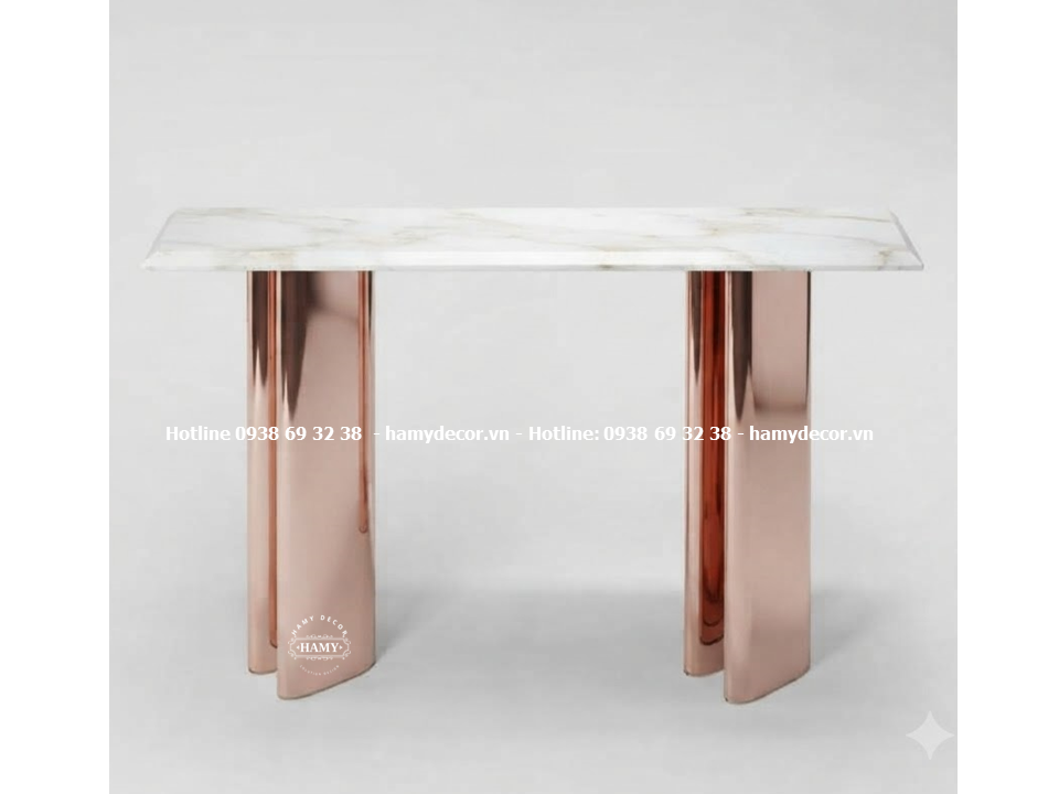 Bàn console inox vàng hồng với hệ chân trụ bản cột uốn lượn rãnh độc đáo