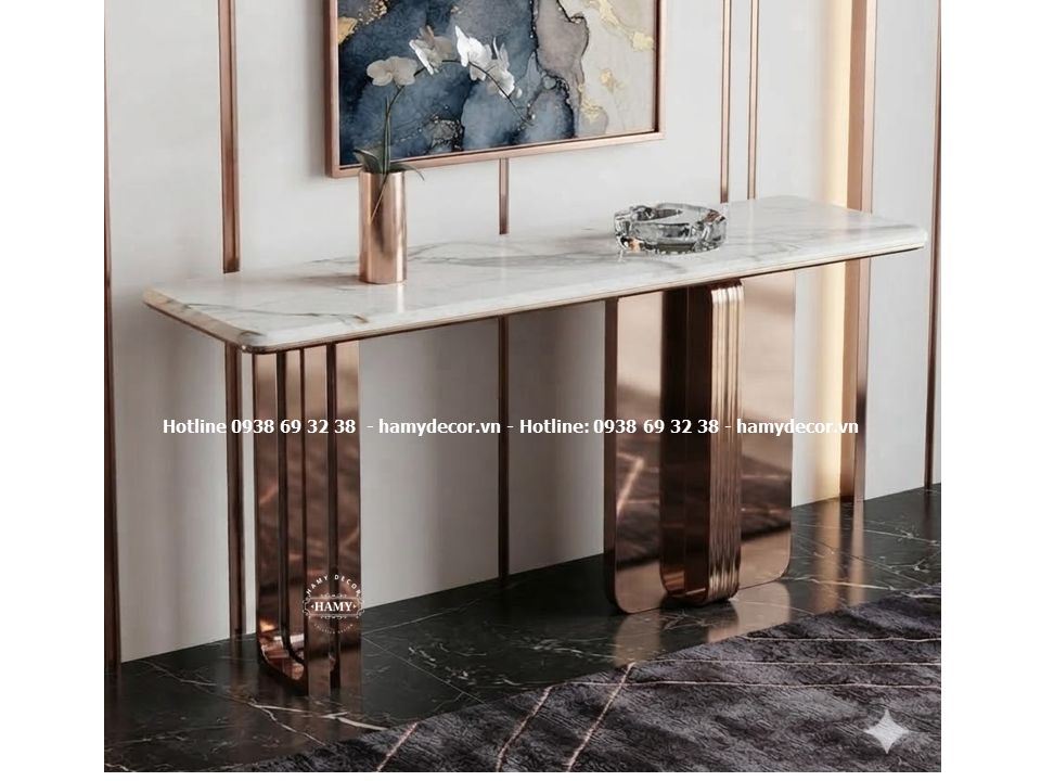Bàn console trang trí Sảnh / Lối ra vào hệ khung chân inox vàng hồng bóng gương