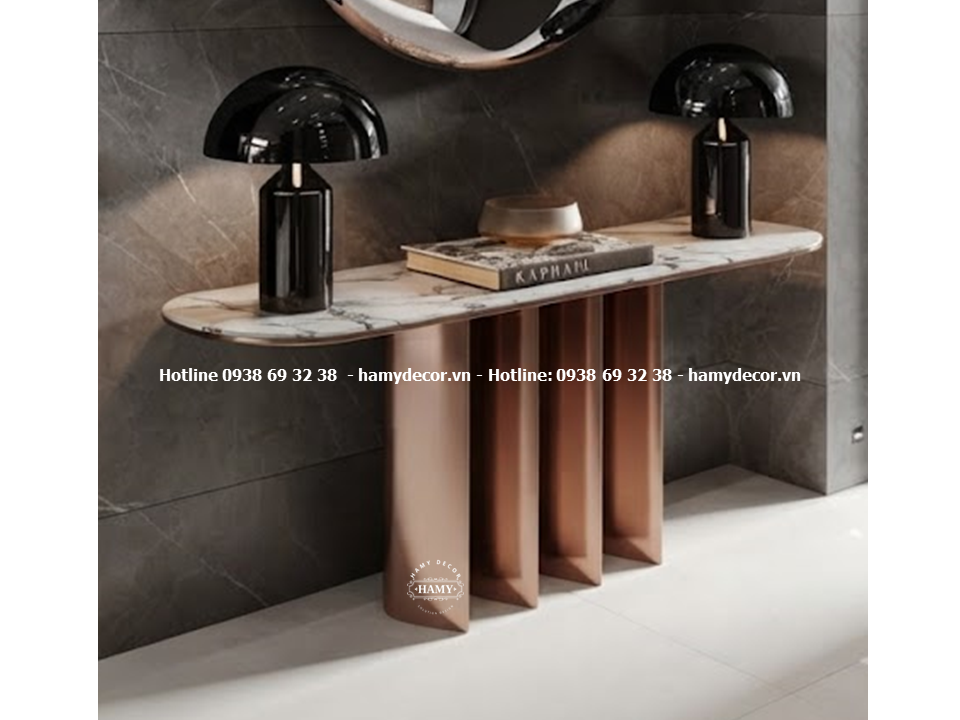 Bàn console inox vàng hồng cho không gian trưng bày nghệ thuật