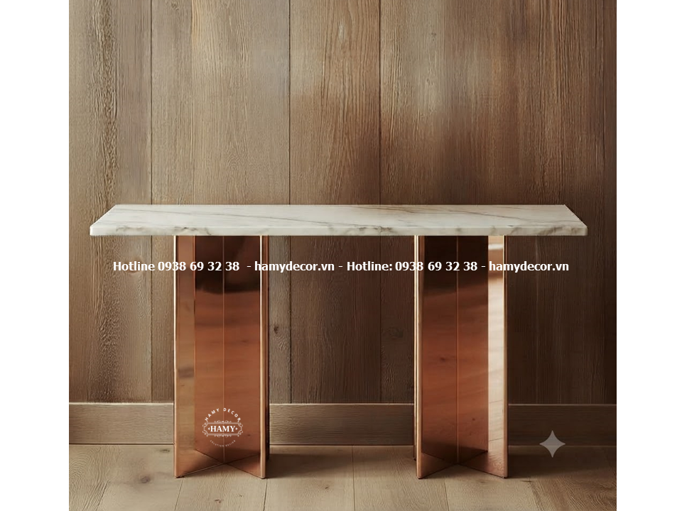 Bàn console inox vàng hồng chân trụ dạng khối chữ X