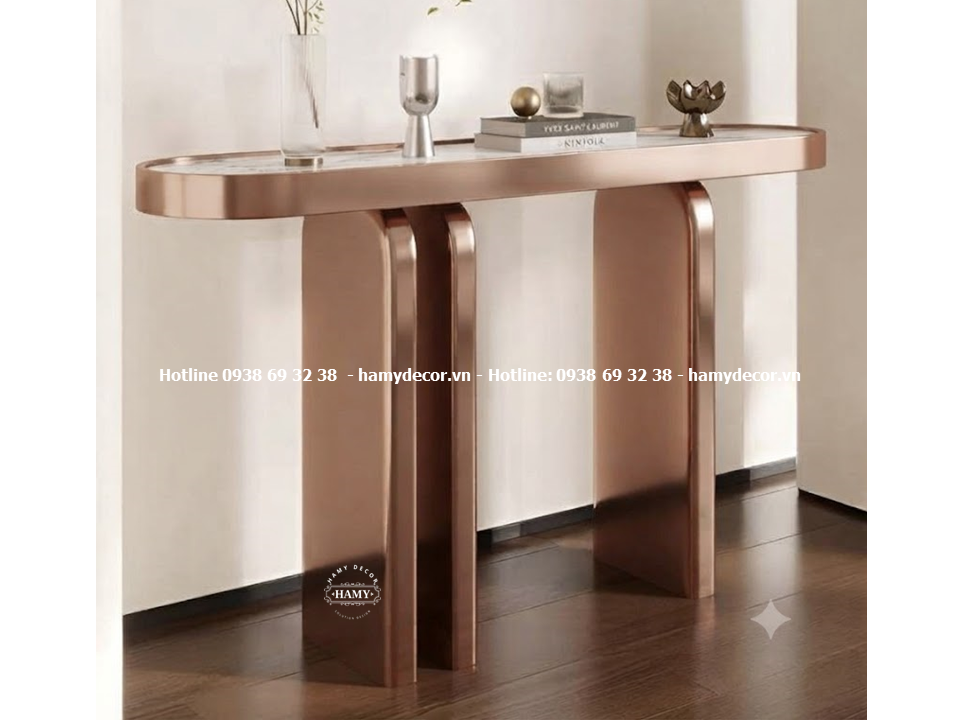 Mẫu bàn console inox mạ màu vàng hồng, mặt bàn đá trắng vân mây