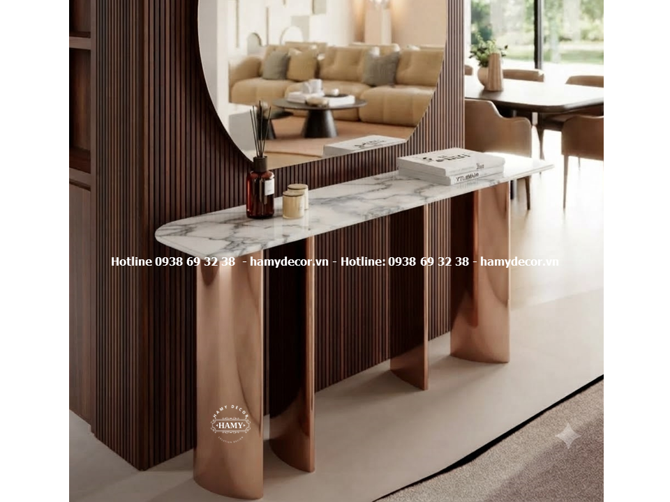 Bàn console Sảnh đệm & Lối vào (Foyer): Đặt tựa trên vách trang trí sảnh căn hộ cao cấp, Villa, Penthouse.