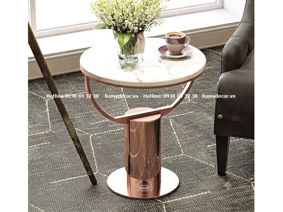 Side Table inox mạ vàng hồng mặt đá vân mây