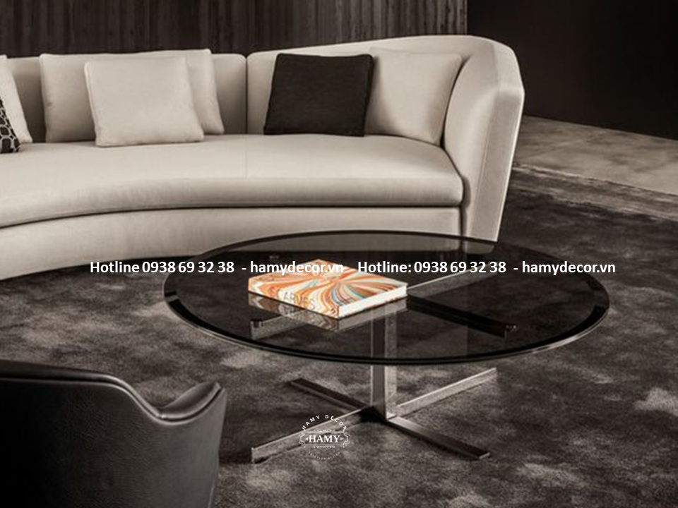 Bàn sofa inox trắng bóng mặt kính cường lực xám khói - 107