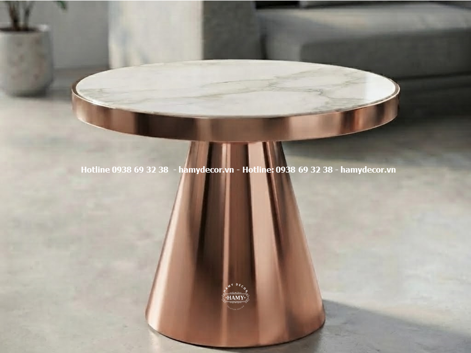 Bàn sofa inox mạ vàng hồng bóng gương mặt đá trắng vân mây