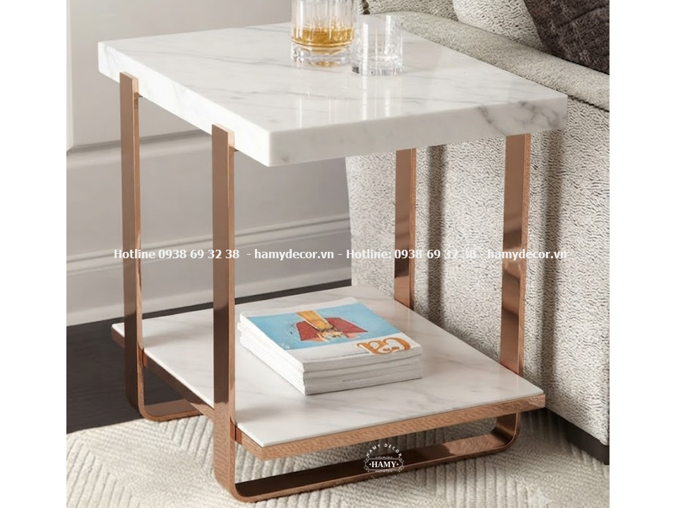 Bàn tab sofa chân inox mạ vàng hồng kết hợp 2 tầng mặt đá trắng vân mây