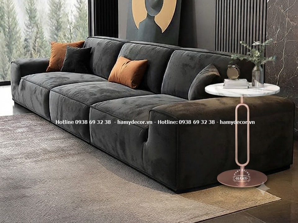 Tab sofa tròn chân inox mạ vàng mặt bàn đá trắng vân mây
