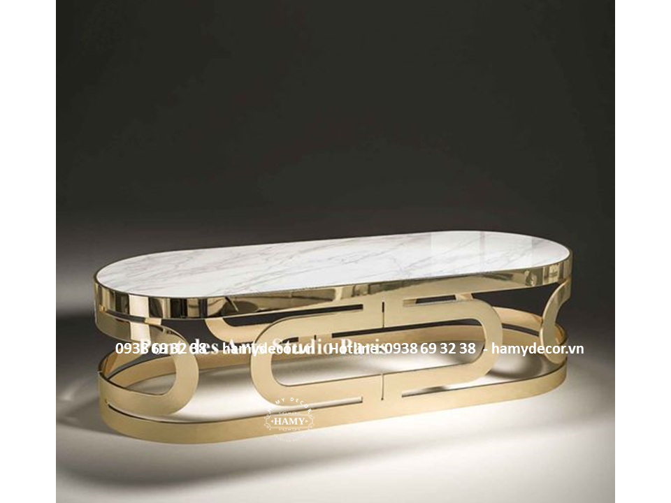 Mẫu bàn sofa  inox mạ vàng PVD màu Gold mặt đá trắng vân mây - 96