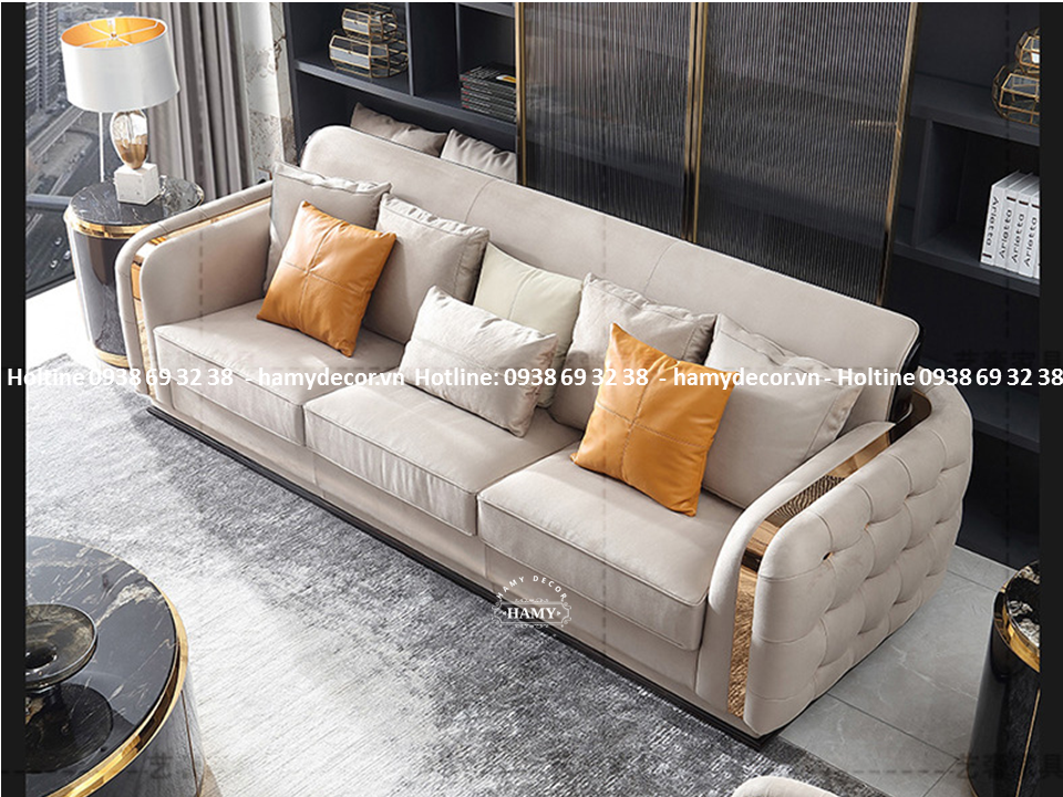 Ghế sofa bọc da tay ghế inox mạ vàng PVD - 137