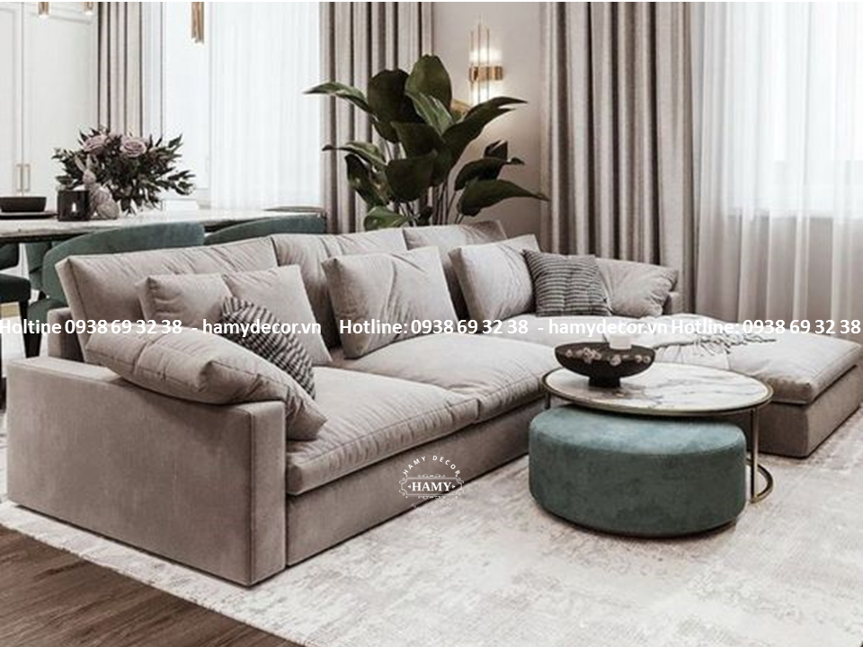 Ghế sofa góc L & bàn trà đôi inox mạ vàng - 191