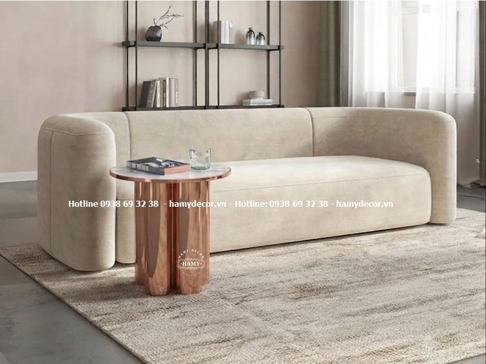 Side table, bàn tab sofa inox hồng mặt đá trắng vân mây