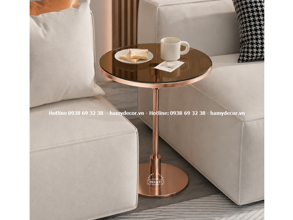 Bàn phụ sofa (bàn tab) khung inox mạ vàng hồng (PVD) là điểm nhấn sang trọng cho phòng khách