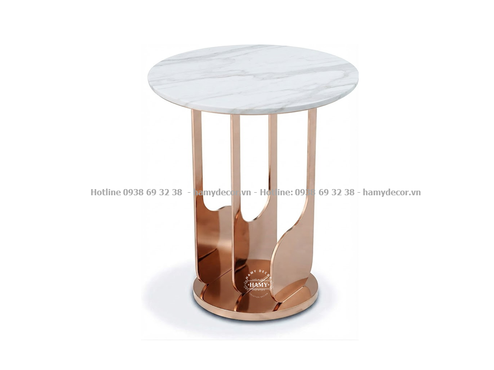 Bàn phụ cạnh bên sofa inox hồng gương mặt bàn đá trắng vân mây