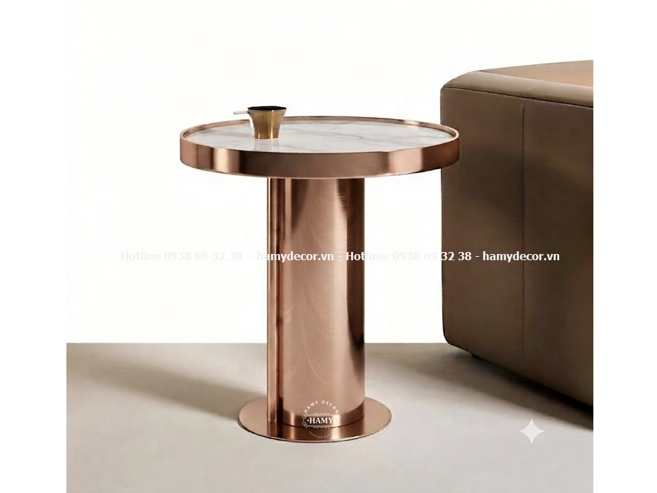 Bàn góc sofa, bàn phụ sofa chân inox vàng hồng mặt đá trắng vân mây cao cấp