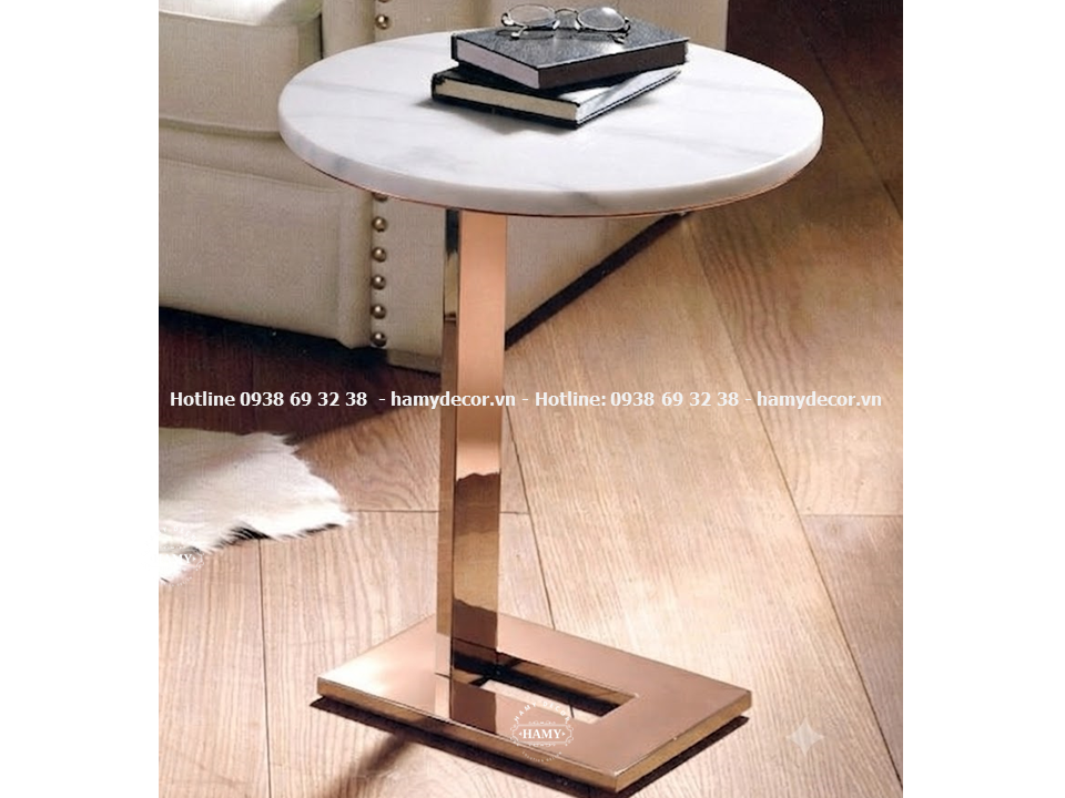 Bàn phụ sofa (bàn góc sofa) mặt bàn tròn chân inox hồng bóng gương