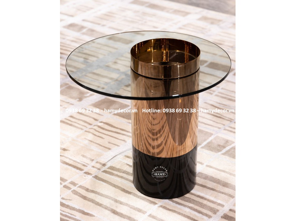 Tab sofa tròn inox mạ PVD phối 2 tone màu Vàng Hồng (Gold Rose) & Đen (Black) mặt kính
