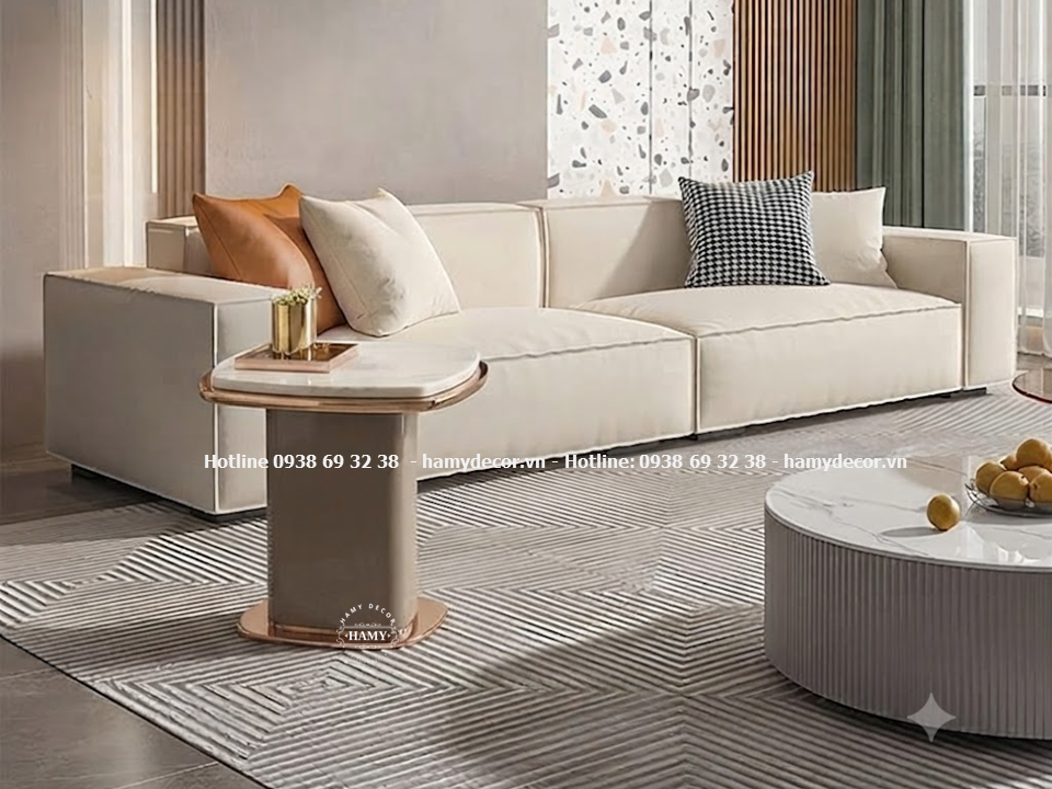 Bàn góc sofa chân trụ vuông viền inox mạ vàng hồng, mặt bàn đá trắng vân mây